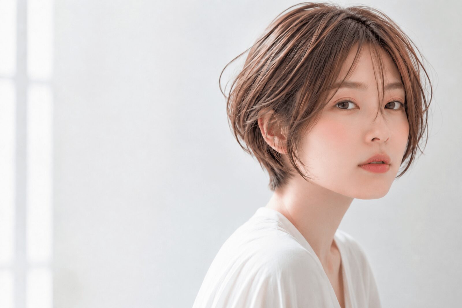 鹿島の美容室テルハナのカットメニューを紹介するナチュラルなショートヘアの女性モデル写真