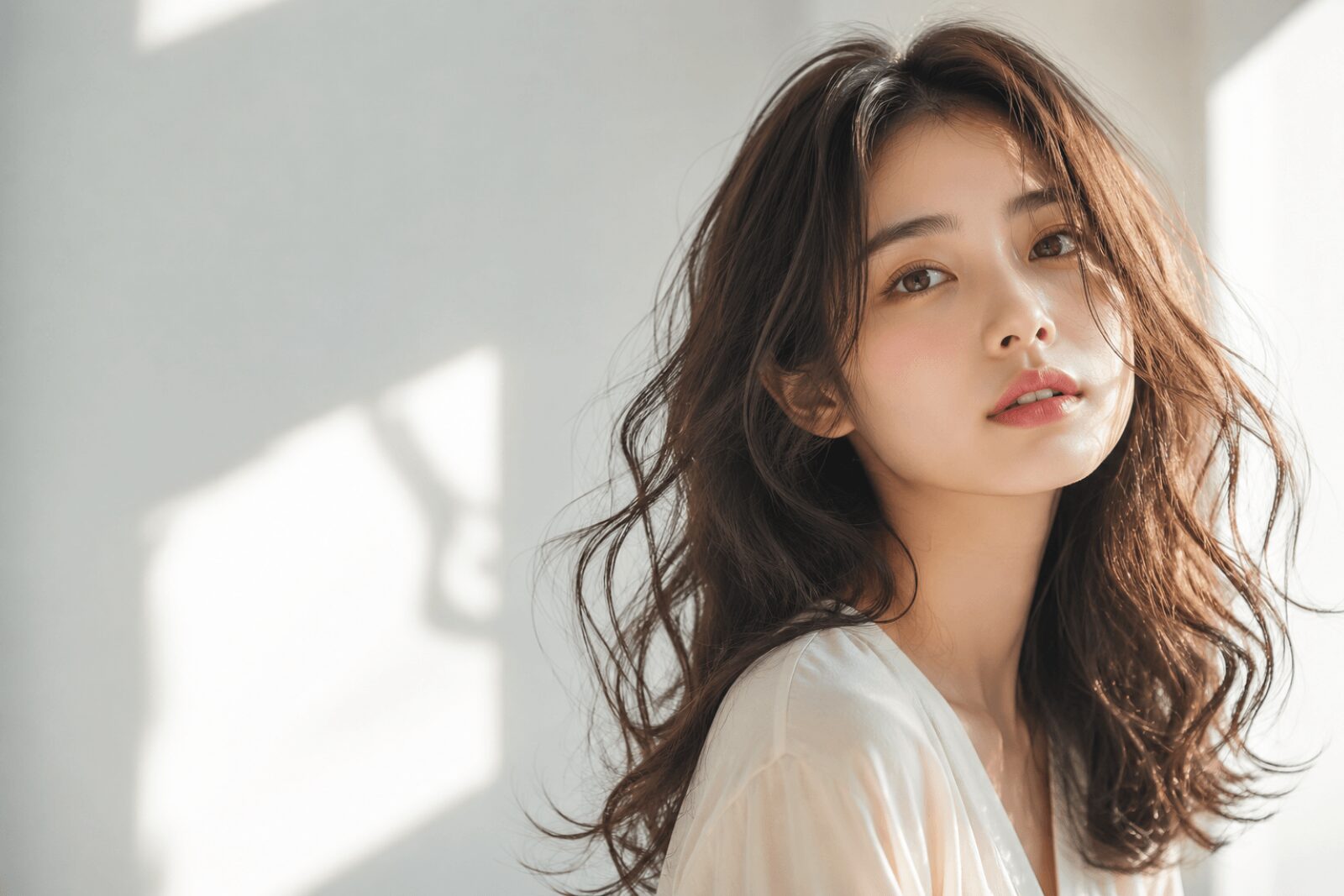 鹿島の美容室テルハナのパーマメニューを紹介する、やわらかなウェーブヘアの女性モデル写真
